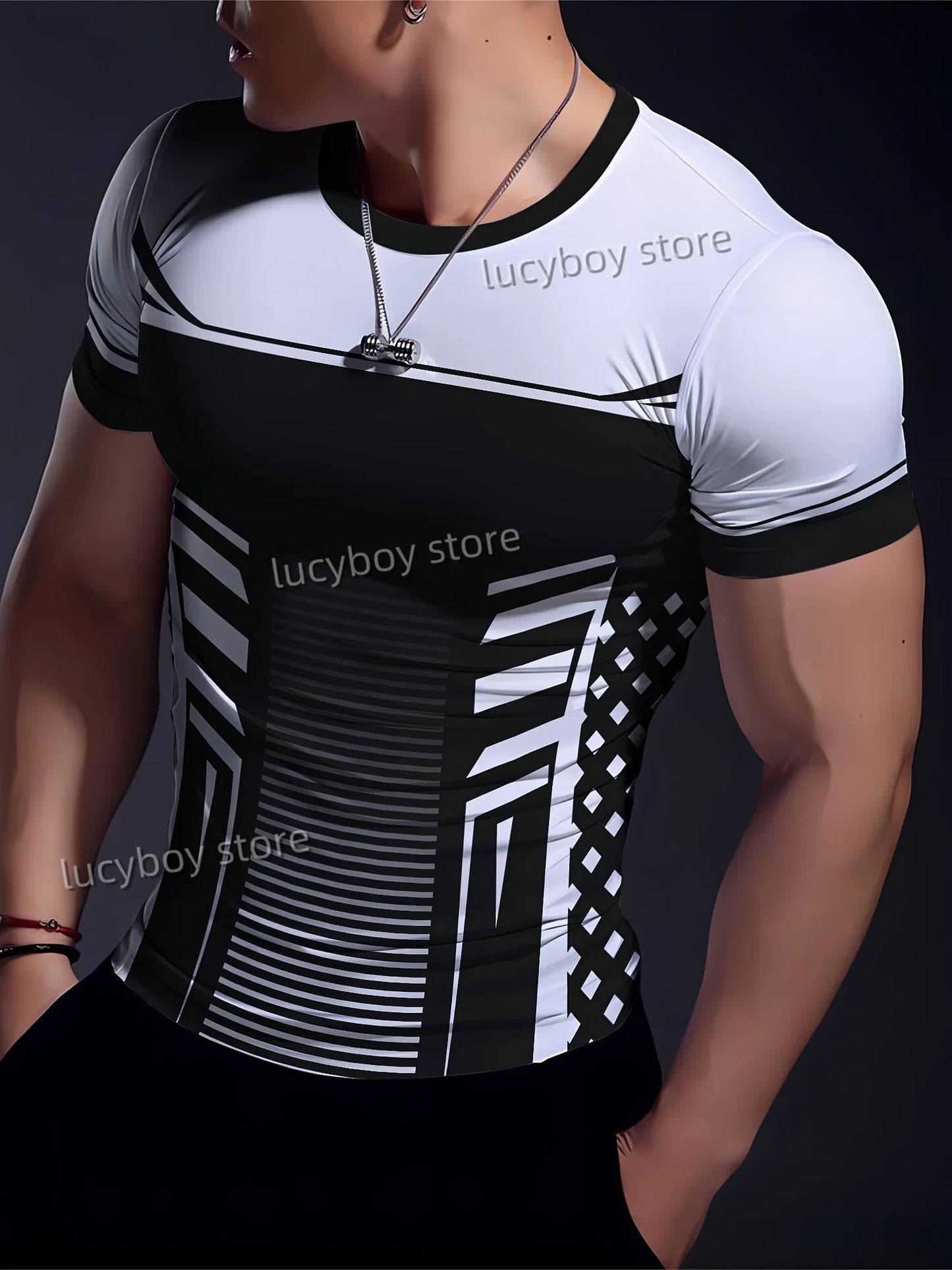 Men's Sports Gym T Shirt Muscle Training Tees Short Sleeve Tees Quick Drying stripes print Men Oversized Tops Men Clothing