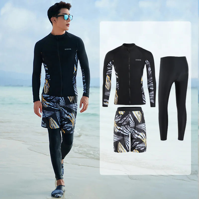 Men Rash Guard Diving Suits  Surfing  Swimwear Long Sleeve Suit Swim Shirt+Trunks+Shorts UV Swimming RashGuard Prevent Jellyfish