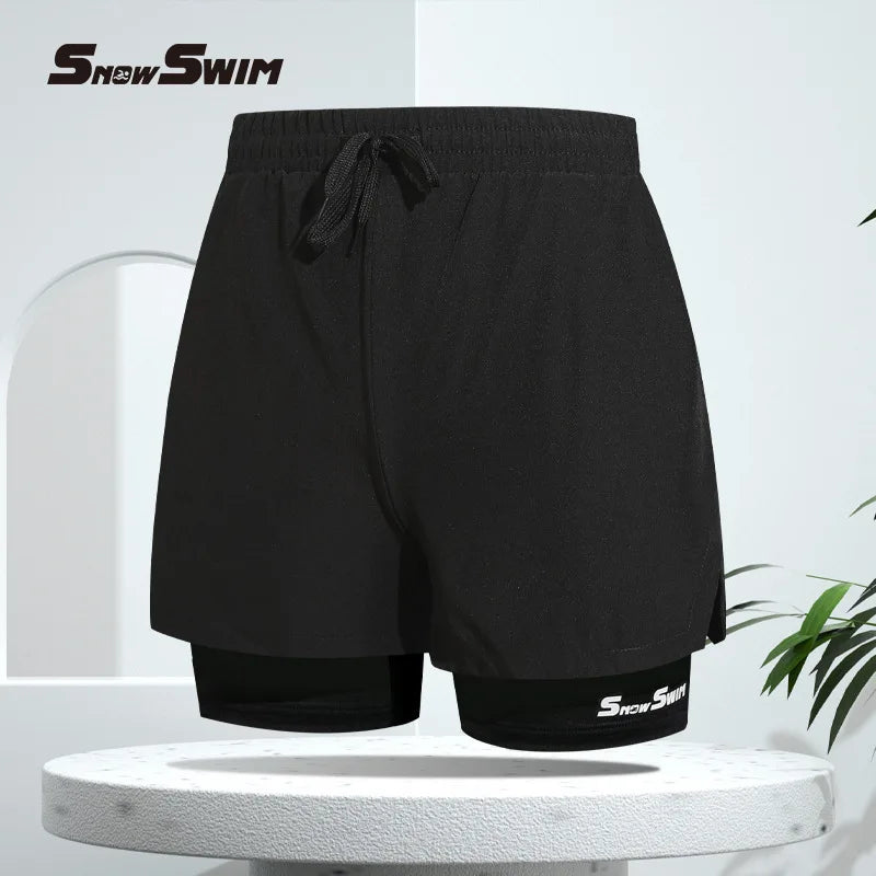 Men's Double-layer Swim Trunks Flat Angle Adult Quick-drying Anti-embarrassment Swim Trunks Beach Pants Spa Swimming Kit