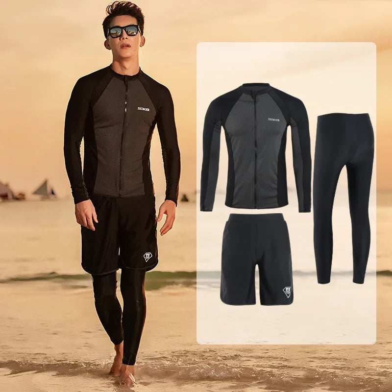 Men Rash Guard Diving Suits  Surfing  Swimwear Long Sleeve Suit Swim Shirt+Trunks+Shorts UV Swimming RashGuard Prevent Jellyfish