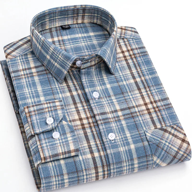Plaid Shirt 2025 Spring Autumn Fashion 100% Cotton Long Sleeve Flannel Red Checkered Leisure Soft Regular Fit Brushed Male Blous