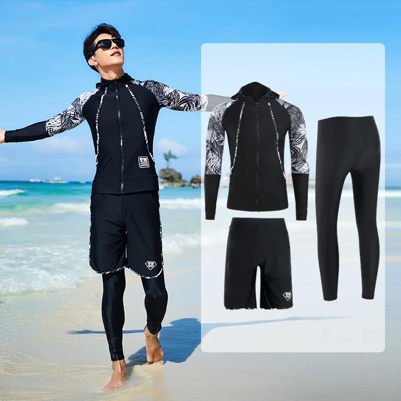 Men Rash Guard Diving Suits  Surfing  Swimwear Long Sleeve Suit Swim Shirt+Trunks+Shorts UV Swimming RashGuard Prevent Jellyfish