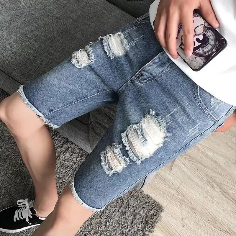 Man Denim Shorts with Text Straight Ripped Camouflage Short Jeans Pants for Men Original Thin Korean Fashion Cut Popular Summer