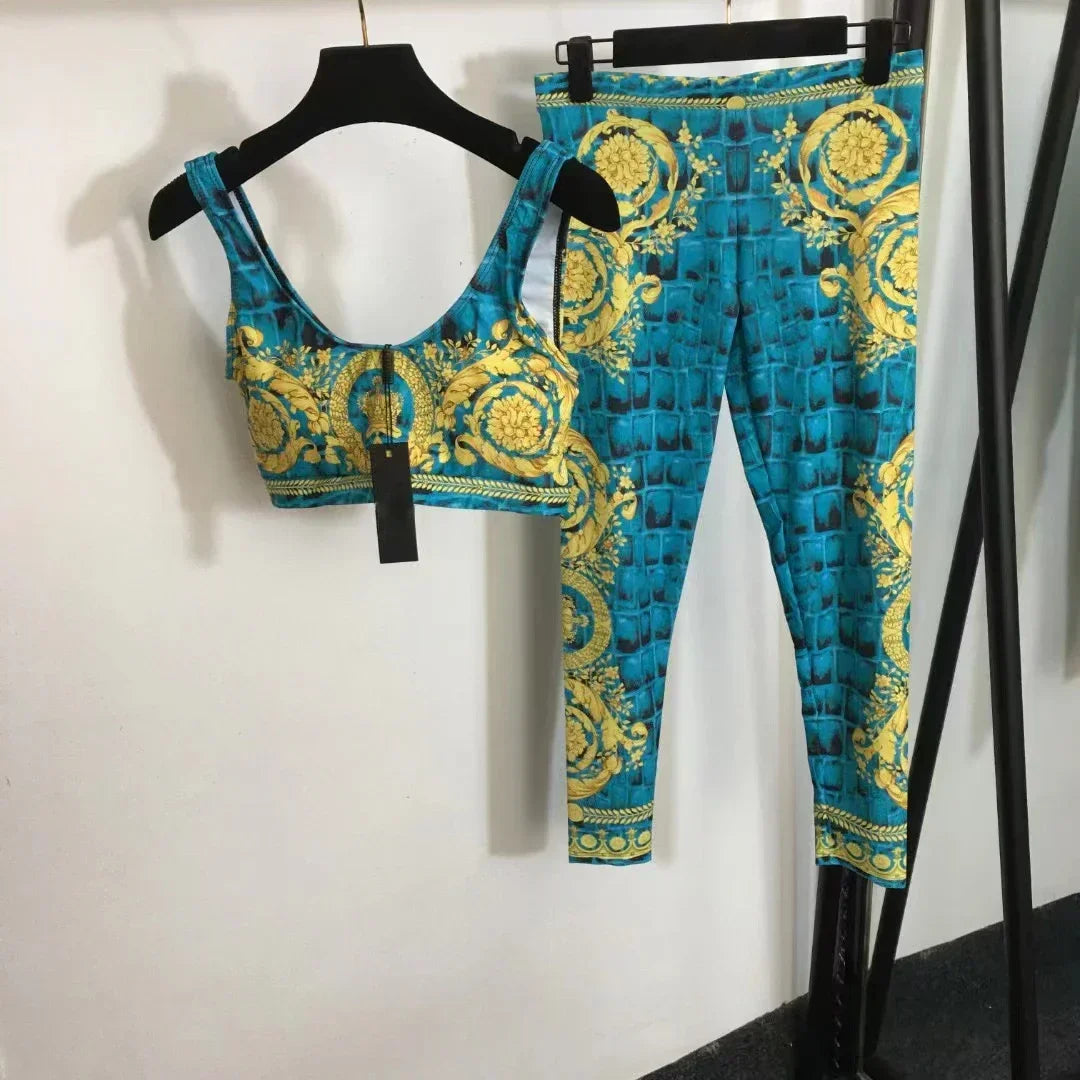 Luxury Design Women's Long Sleeved Swimsuit Sets White Retro Floral Print Yoga Sports Sets Fashion Brand Women's Body Suits