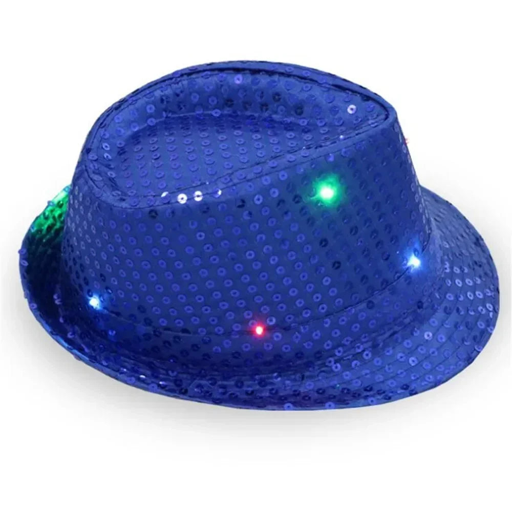 Woman Men Kids LED Light Up Sequin Fedora Jazz Hat Cap Gift Necktie Tie Neon Glow Party Bar Birthday Costume  Wedding Festival