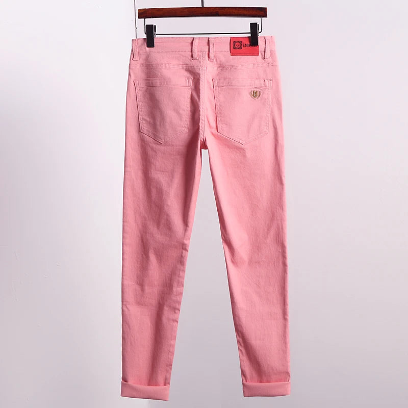 New Men's Denim Jeans Straight Stretch Pants Solid Color Fashion Business Casual Classic High Quality Red Yellow Blue White