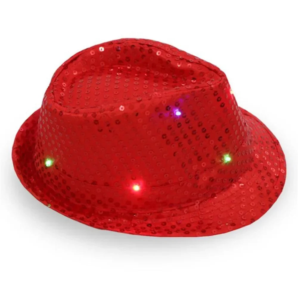 Woman Men Kids LED Light Up Sequin Fedora Jazz Hat Cap Gift Necktie Tie Neon Glow Party Bar Birthday Costume  Wedding Festival