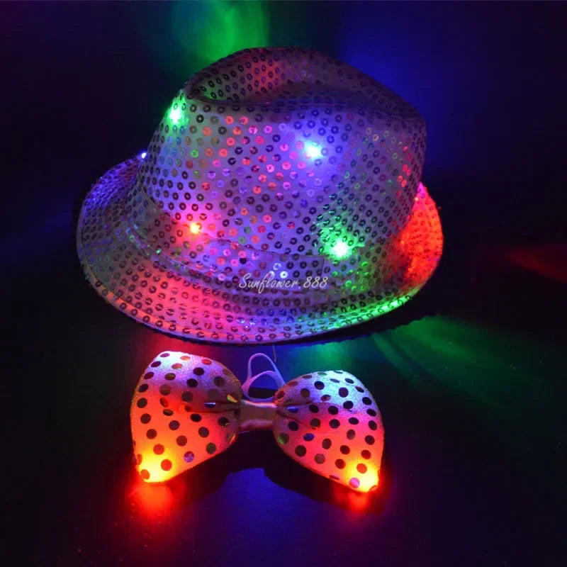Woman Men Kids LED Light Up Sequin Fedora Jazz Hat Cap Gift Necktie Tie Neon Glow Party Bar Birthday Costume  Wedding Festival