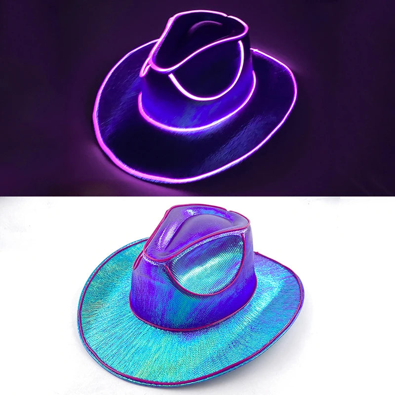 LED Western Cowboy Hat Cowgirl Hat Retro EL Wire Light Brim Jazz Top Hat Bride Cowboy Hat Cosplay Cowboy Costume For Women Men