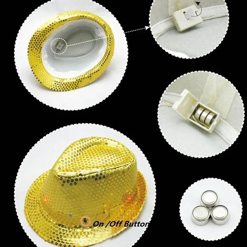 Woman Men Kids LED Light Up Sequin Fedora Jazz Hat Cap Gift Necktie Tie Neon Glow Party Bar Birthday Costume  Wedding Festival