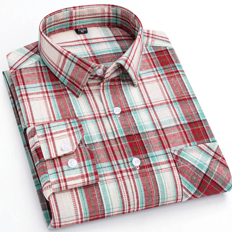 Plaid Shirt 2025 Spring Autumn Fashion 100% Cotton Long Sleeve Flannel Red Checkered Leisure Soft Regular Fit Brushed Male Blous