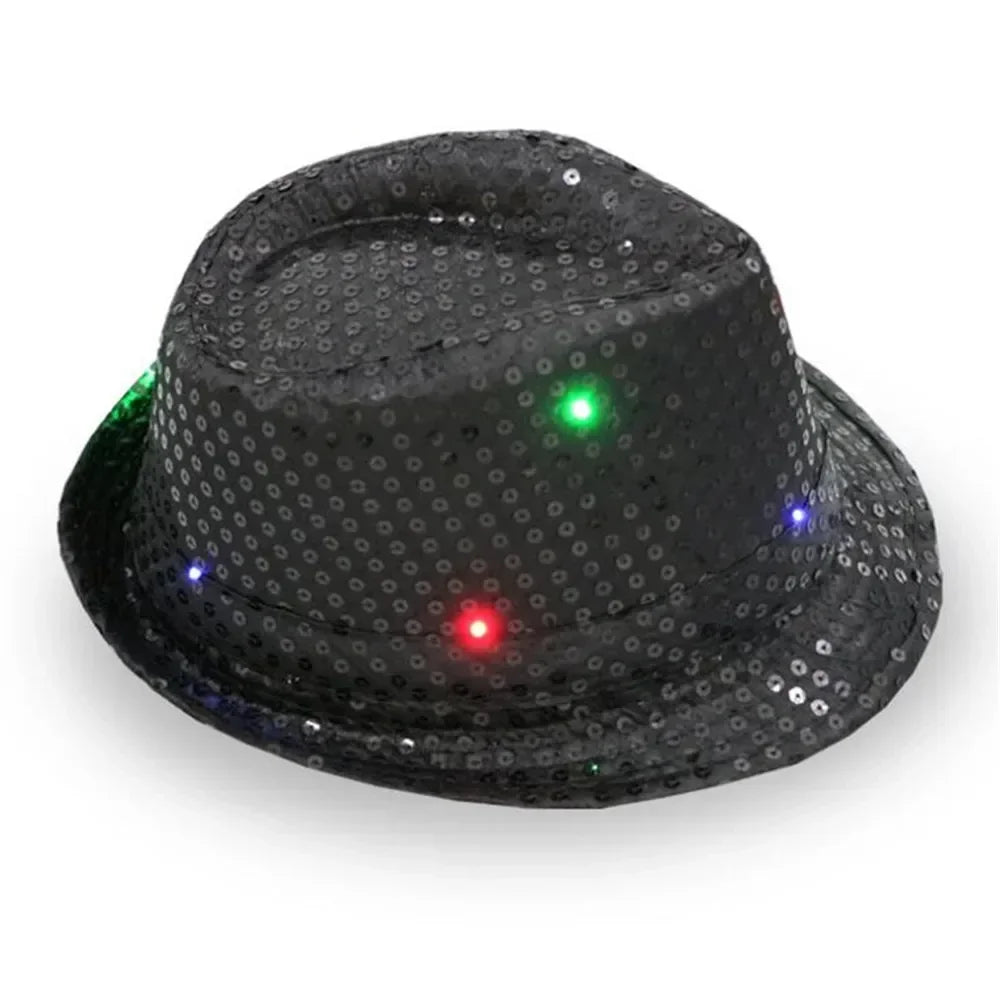 Woman Men Kids LED Light Up Sequin Fedora Jazz Hat Cap Gift Necktie Tie Neon Glow Party Bar Birthday Costume  Wedding Festival