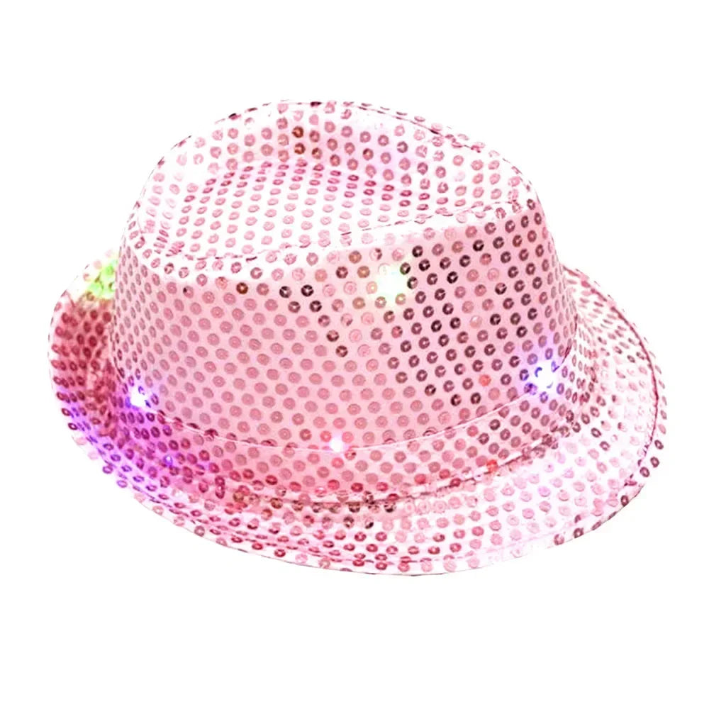 Woman Men Kids LED Light Up Sequin Fedora Jazz Hat Cap Gift Necktie Tie Neon Glow Party Bar Birthday Costume  Wedding Festival