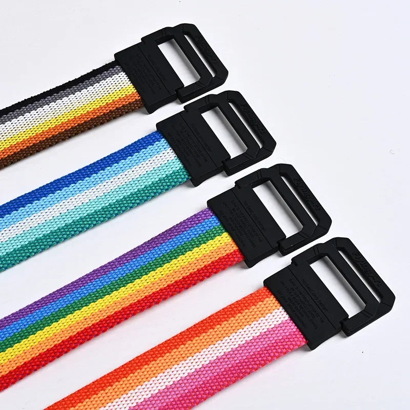 Unisex Canvas Women Rainbow Stripe Belt  Metal Double Ring Buckle Jeans  Student - Designer Belt for Men