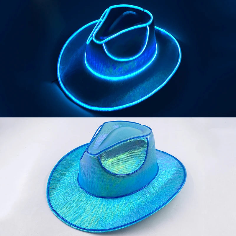 LED Western Cowboy Hat Cowgirl Hat Retro EL Wire Light Brim Jazz Top Hat Bride Cowboy Hat Cosplay Cowboy Costume For Women Men
