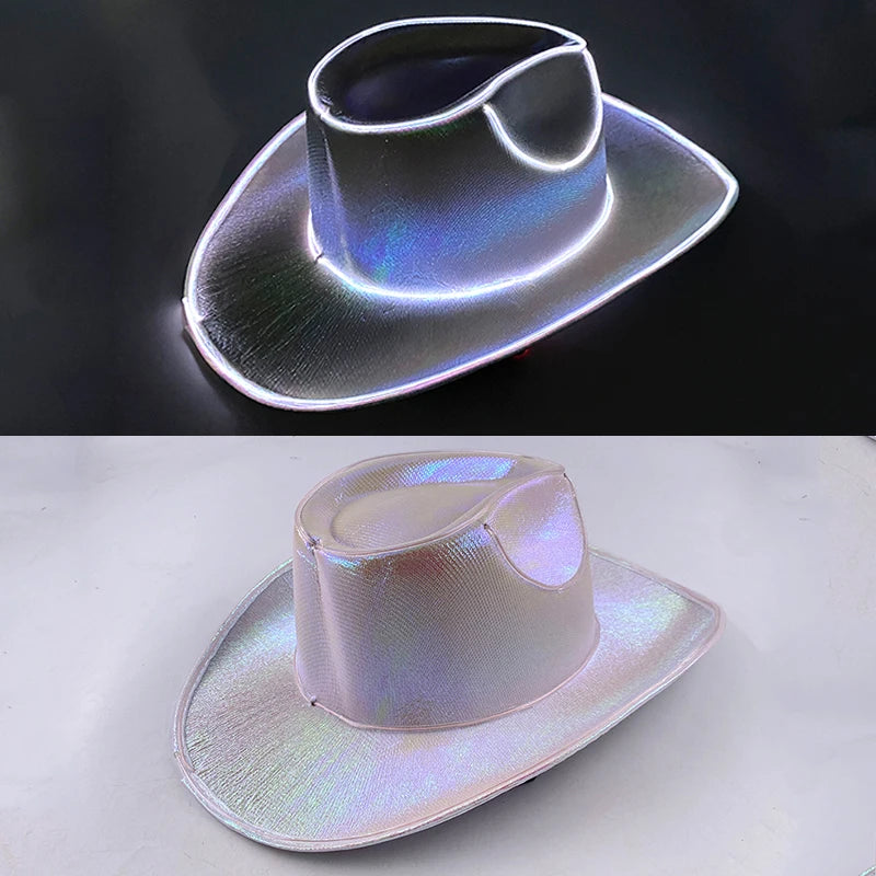 LED Western Cowboy Hat Cowgirl Hat Retro EL Wire Light Brim Jazz Top Hat Bride Cowboy Hat Cosplay Cowboy Costume For Women Men