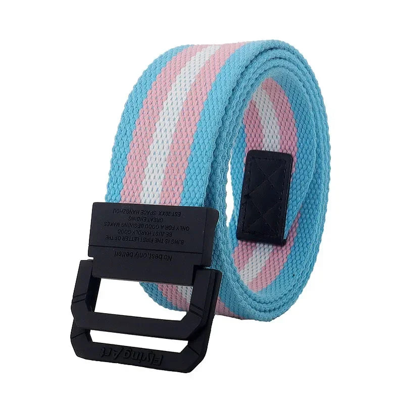 Unisex Canvas Belt Men Stripe Rainbow Metal Double Ring Buckle Jeans  Student - Belt Designer Belt for Women