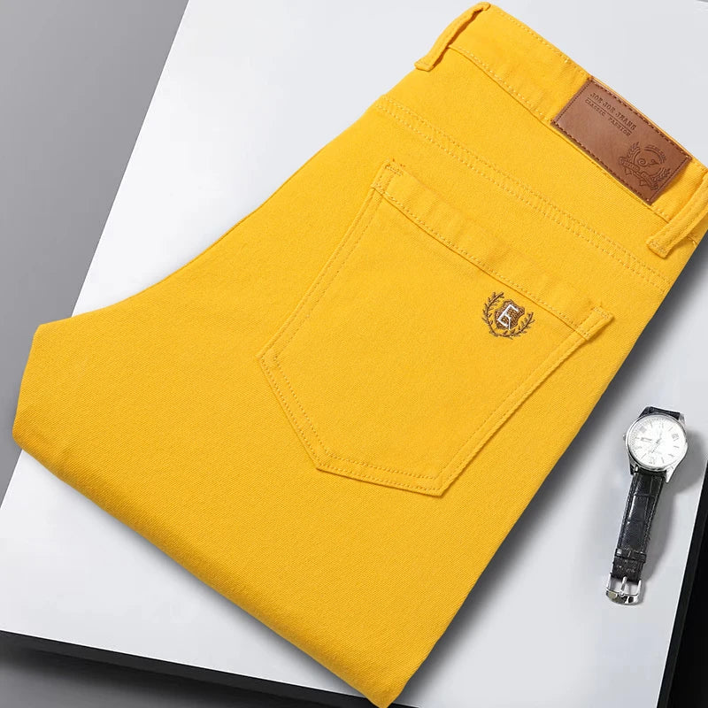 Classic Men's Regular Fit Pink Red Yellow Jeans Business Fashion Denim Advanced Stretch High Quality Cotton Trousers Male Pants