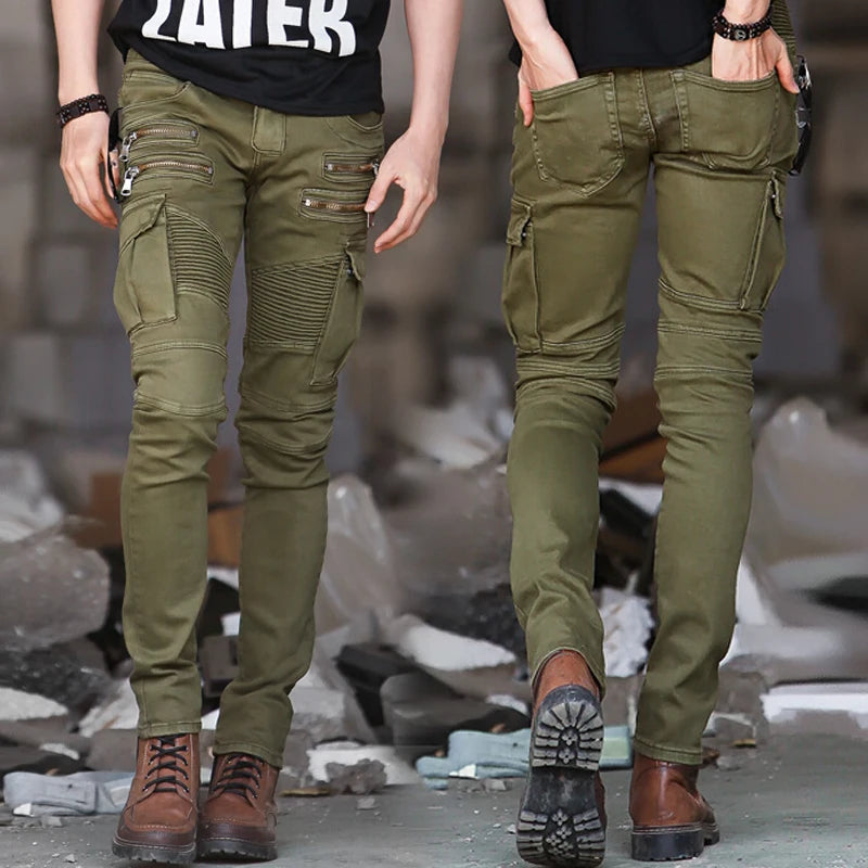 Men's Jeans Green Denim Biker Jeans Skinny New Runway Distressed Slim Elastic Homme Hip Hop Military Motorcycle Cargo Pants