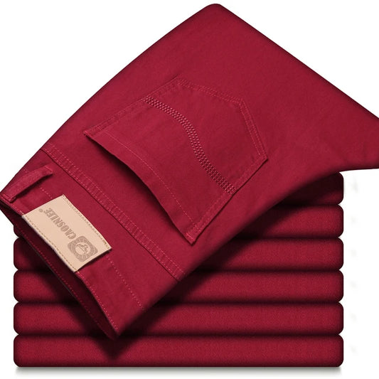 2023 New  Autumn Wine Red Jeans Men Fashion Casual Classic Style Business Straight Fit Soft Trousers Male Advanced Pants