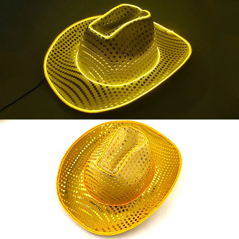 LED Western Cowboy Hat Cowgirl Hat Retro EL Wire Light Brim Jazz Top Hat Bride Cowboy Hat Cosplay Cowboy Costume For Women Men