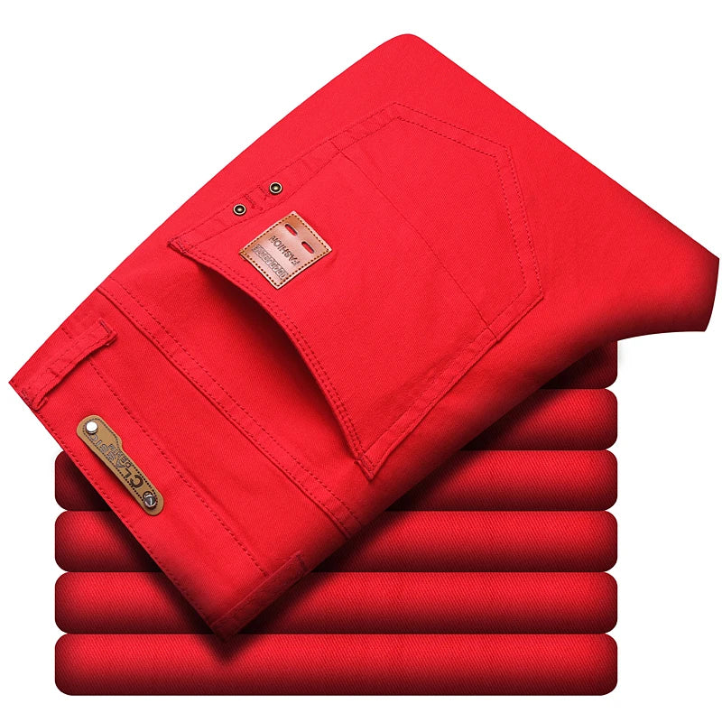 New Men's Denim Jeans Straight Stretch Pants Solid Color Fashion Business Casual Classic High Quality Red Yellow Blue White