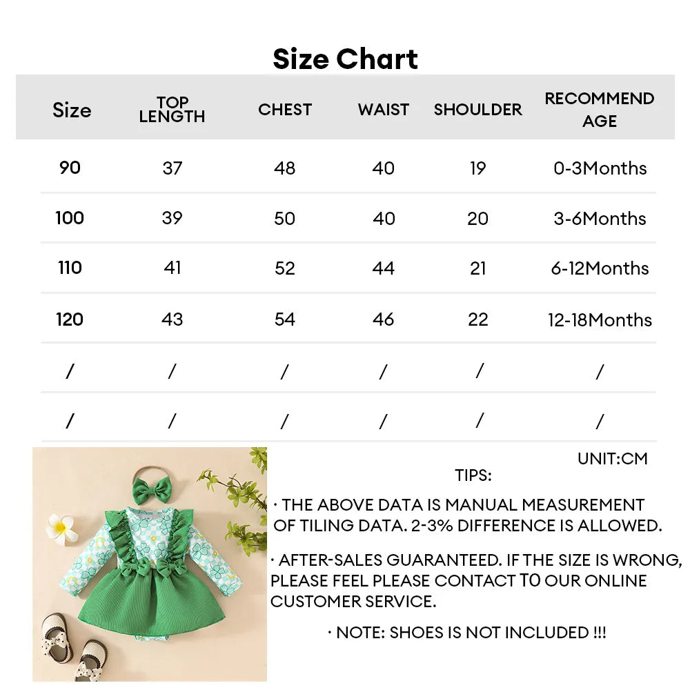 2PCS Infant Girl Dress Set Floral Print Long Sleeves Bodysuit +Headband Spring Baby Dresses for 0-18Months Romper Party Clothing