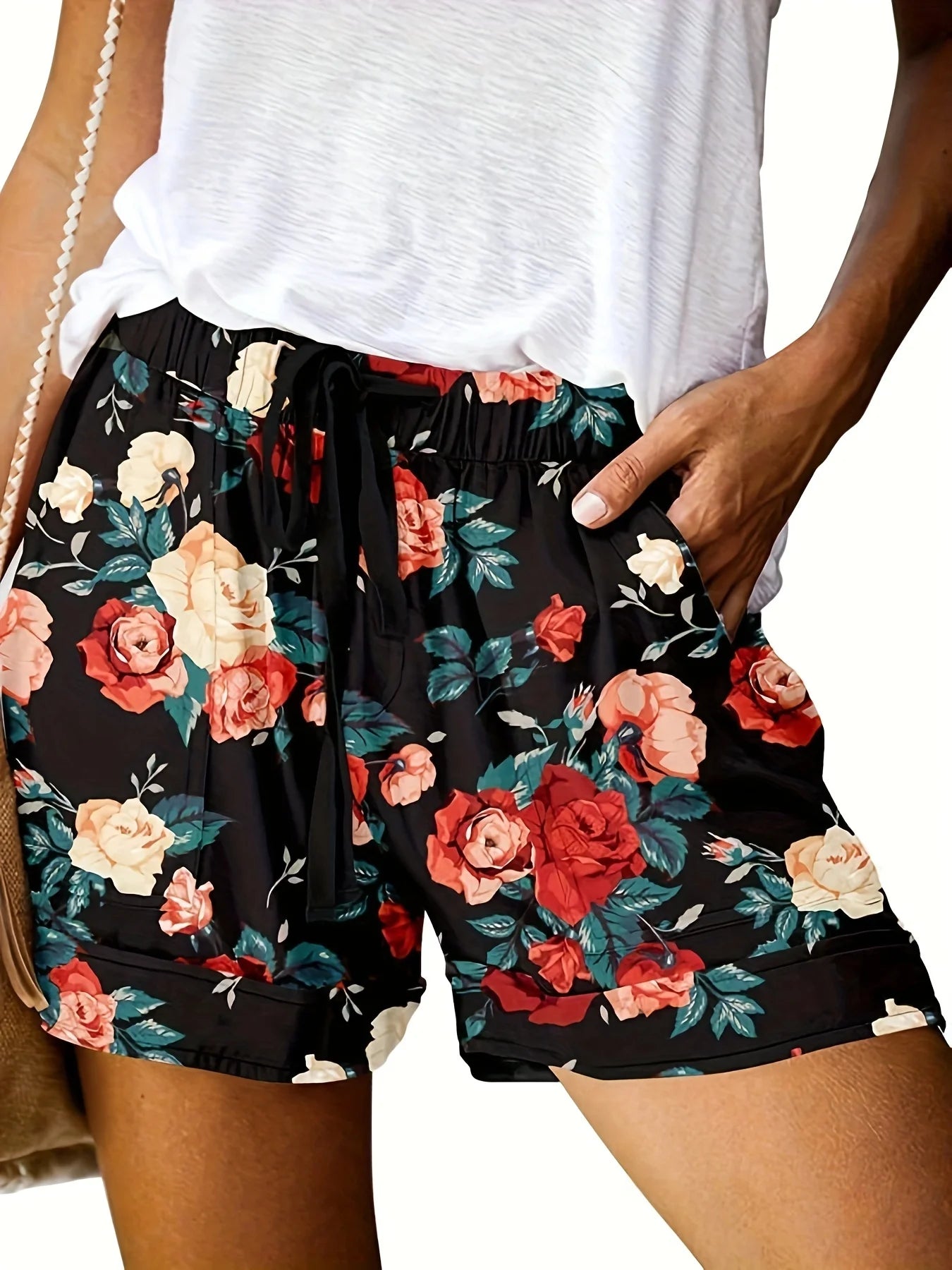 Plus Size High Stretch Loose Straight Leg Printed Women's Shorts   Women’s  Plus  Size Clothing