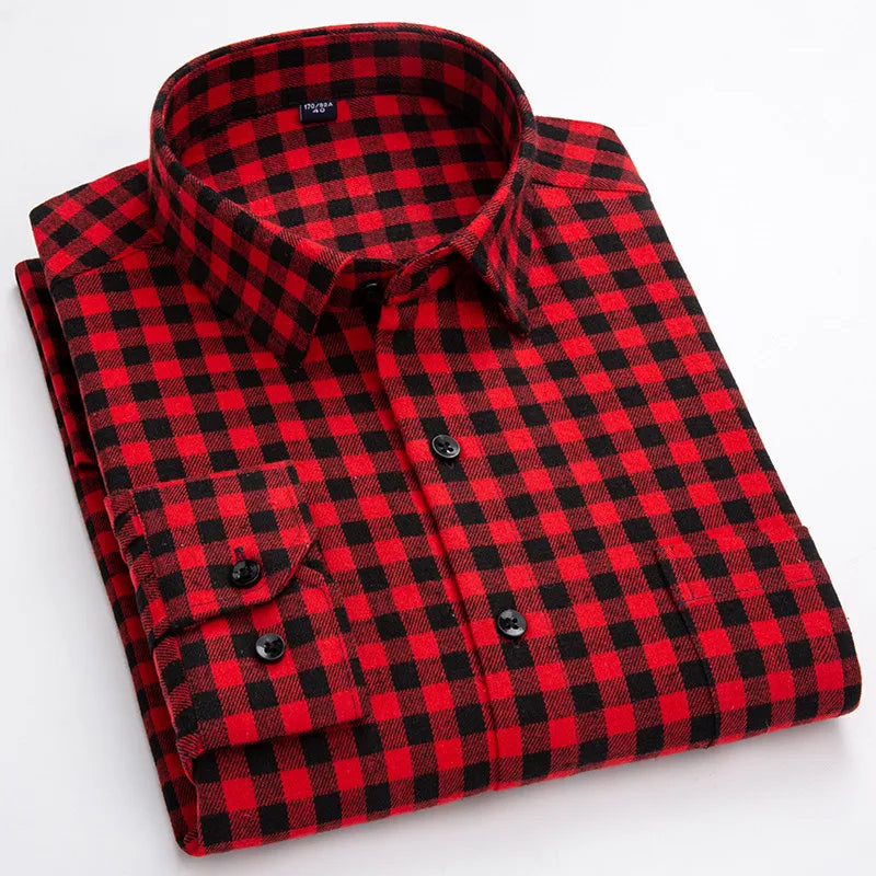 Plaid Shirt 2025 Spring Autumn Fashion 100% Cotton Long Sleeve Flannel Red Checkered Leisure Soft Regular Fit Brushed Male Blous