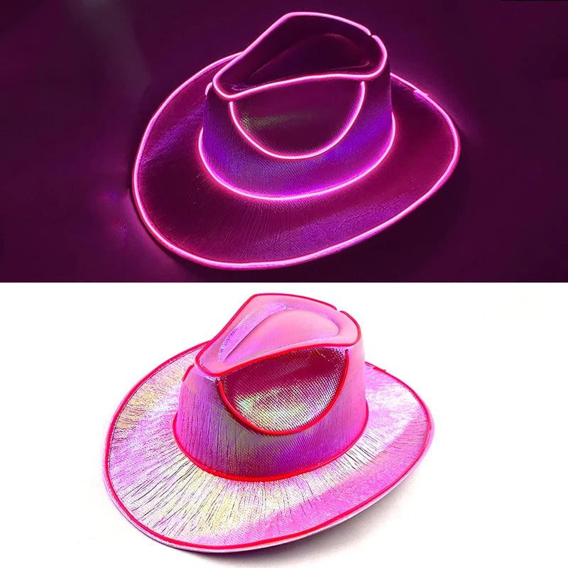 LED Western Cowboy Hat Cowgirl Hat Retro EL Wire Light Brim Jazz Top Hat Bride Cowboy Hat Cosplay Cowboy Costume For Women Men