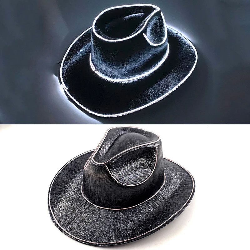 LED Western Cowboy Hat Cowgirl Hat Retro EL Wire Light Brim Jazz Top Hat Bride Cowboy Hat Cosplay Cowboy Costume For Women Men