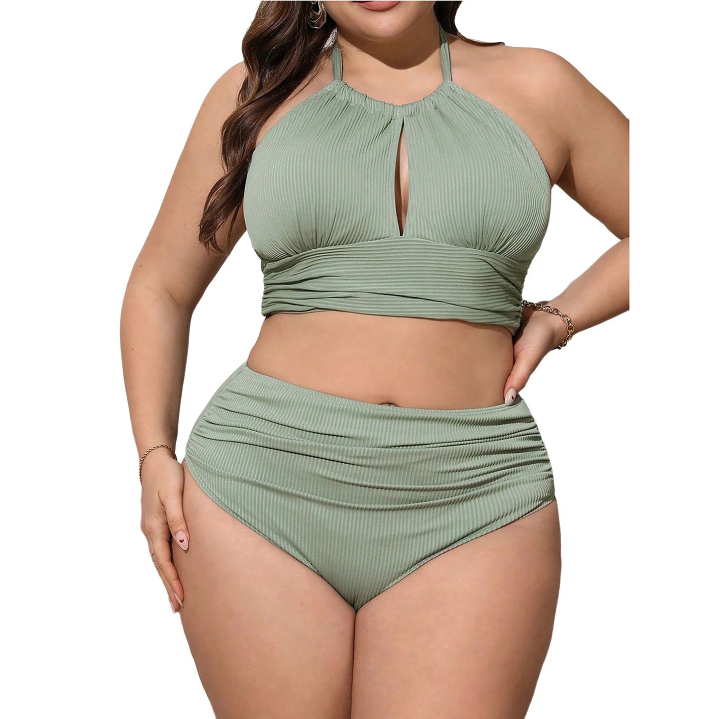 Women Two-Piece Plus Size Swimwear Halter Cutout Tops with Briefs Bikini Swimsuit Pool Beach Bathing Suit Surfing Rash Guard