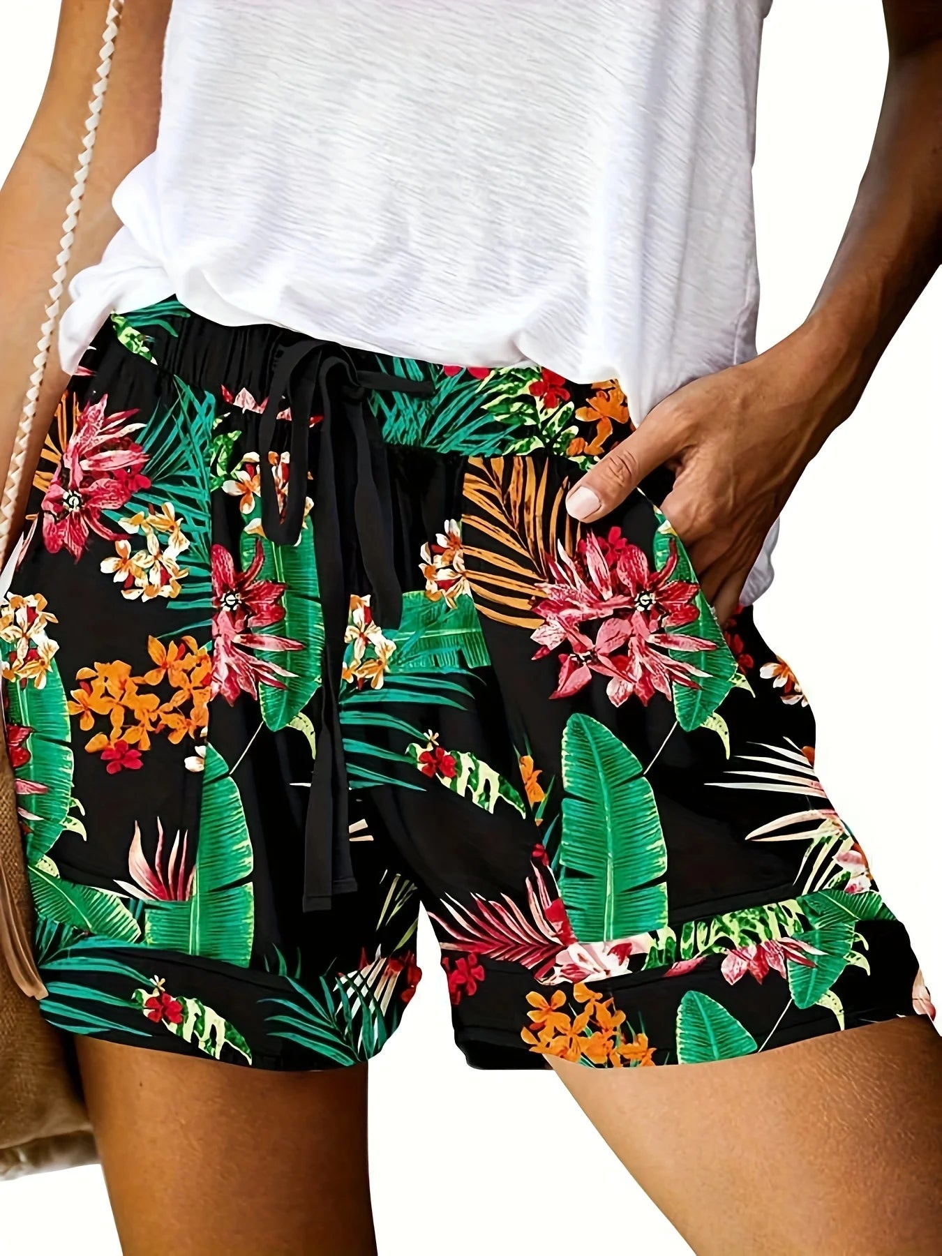 Plus Size High Stretch Loose Straight Leg Printed Women's Shorts   Women’s  Plus  Size Clothing