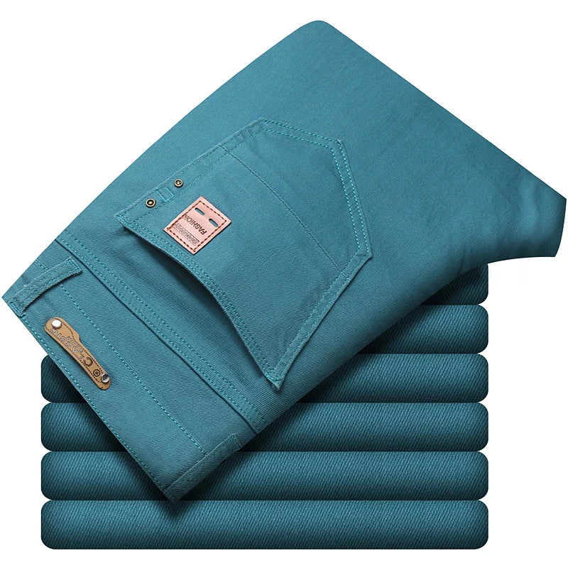 Fashion Straight Stretch Denim Pants Solid New Men's Slim Jeans Solid Yellow Red Green Blue Business Casual Classic Trousers
