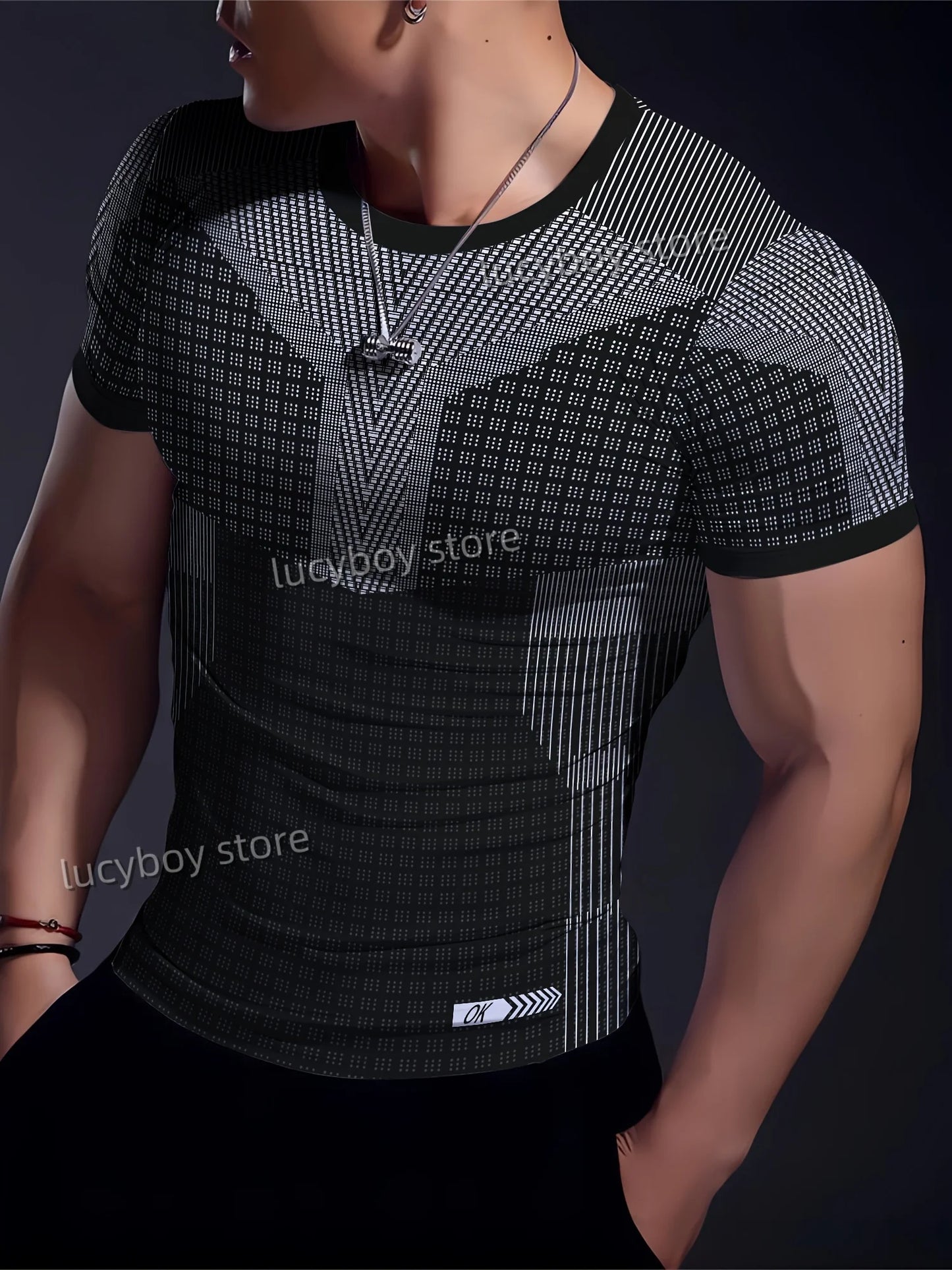 Men's Sports Gym T Shirt Muscle Training Tees Short Sleeve Tees Quick Drying stripes print Men Oversized Tops Men Clothing