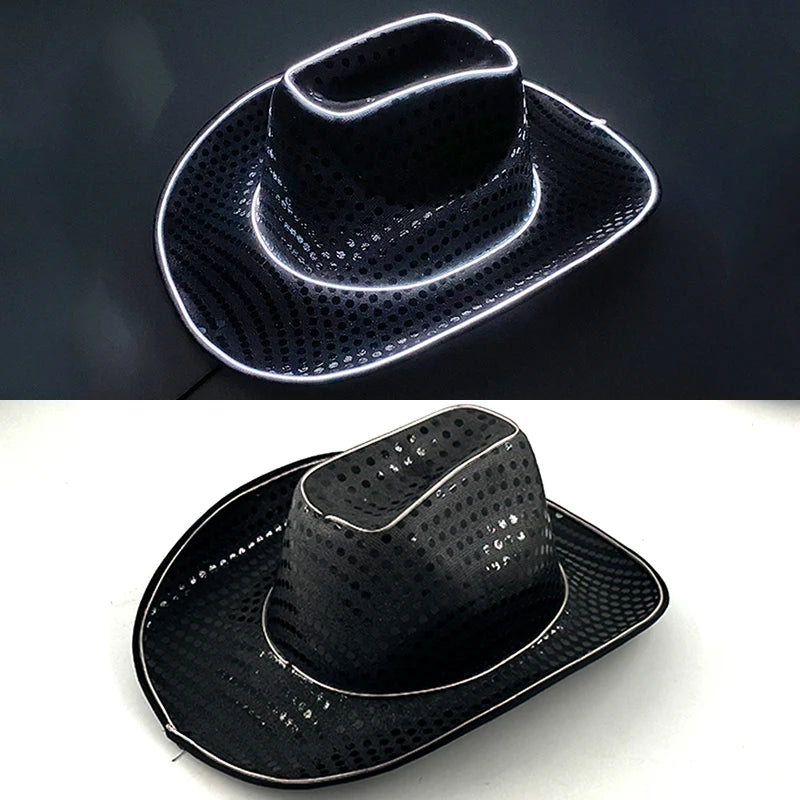 LED Western Cowboy Hat Cowgirl Hat Retro EL Wire Light Brim Jazz Top Hat Bride Cowboy Hat Cosplay Cowboy Costume For Women Men