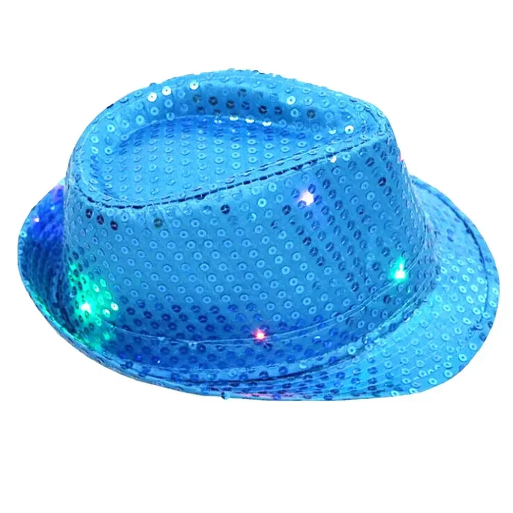Woman Men Kids LED Light Up Sequin Fedora Jazz Hat Cap Gift Necktie Tie Neon Glow Party Bar Birthday Costume  Wedding Festival