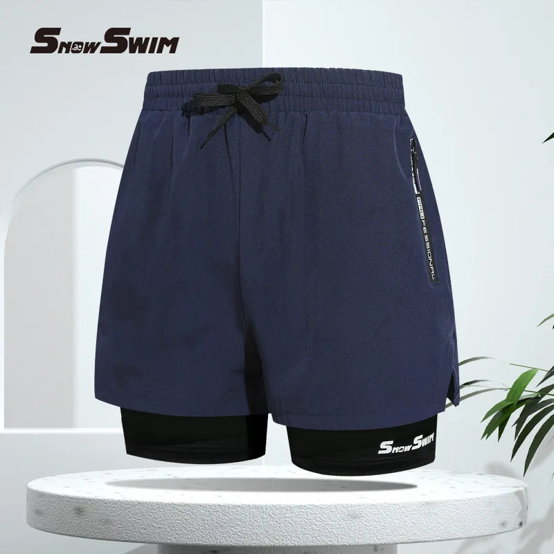 Men's Double-layer Swim Trunks Flat Angle Adult Quick-drying Anti-embarrassment Swim Trunks Beach Pants Spa Swimming Kit