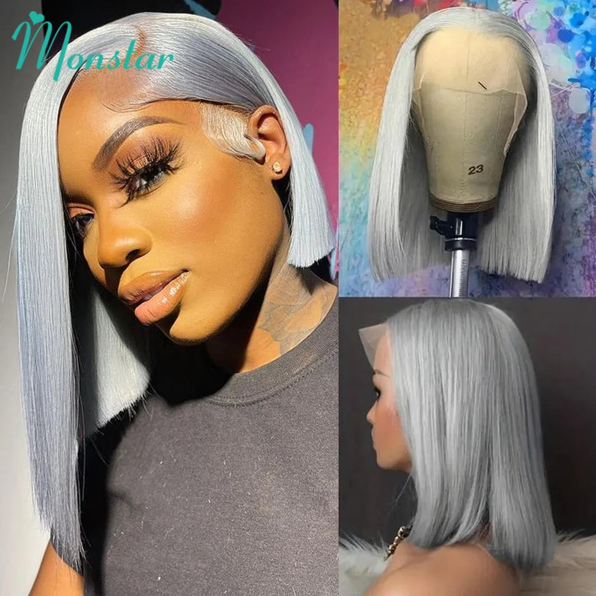 13x6 HD Transparent Grey Lace Front Wigs Human Hair Grey Bob Wig Brazilian Bone Straight 613 Blonde Lace Frontal Human Hair Wigs
