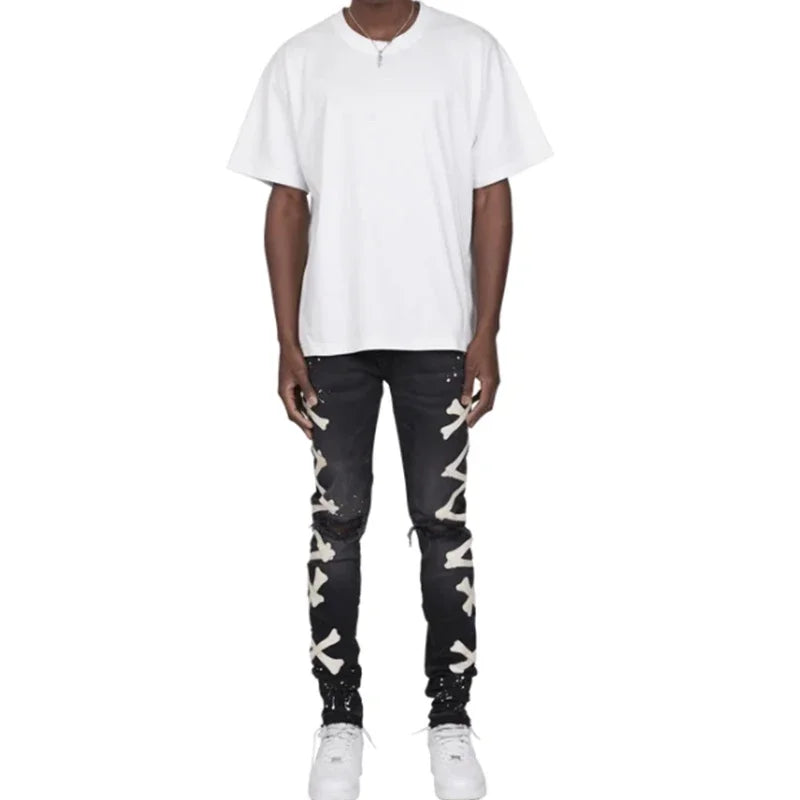 Jeans For Men 2022 Gradient Color Ripped White Dots Jeans Male Motor Biker Skinny Jeans Homme Men's Clothing Zipper Denim Pants