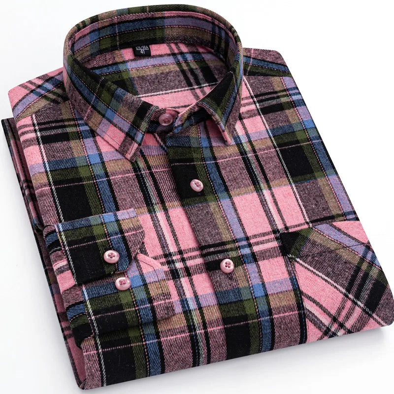 Plaid Shirt 2025 Spring Autumn Fashion 100% Cotton Long Sleeve Flannel Red Checkered Leisure Soft Regular Fit Brushed Male Blous