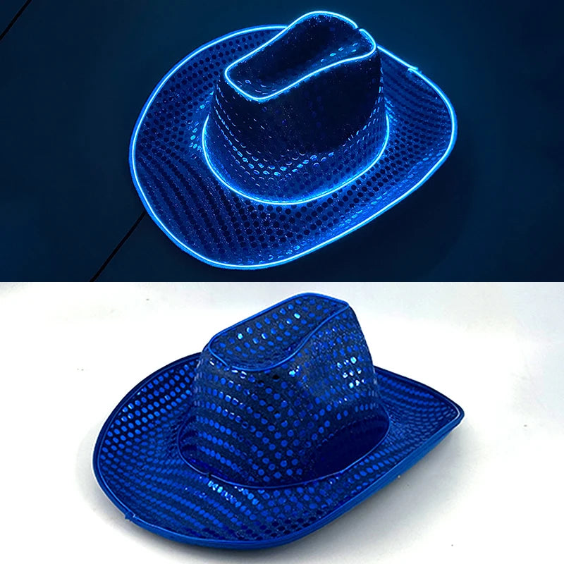 LED Western Cowboy Hat Cowgirl Hat Retro EL Wire Light Brim Jazz Top Hat Bride Cowboy Hat Cosplay Cowboy Costume For Women Men