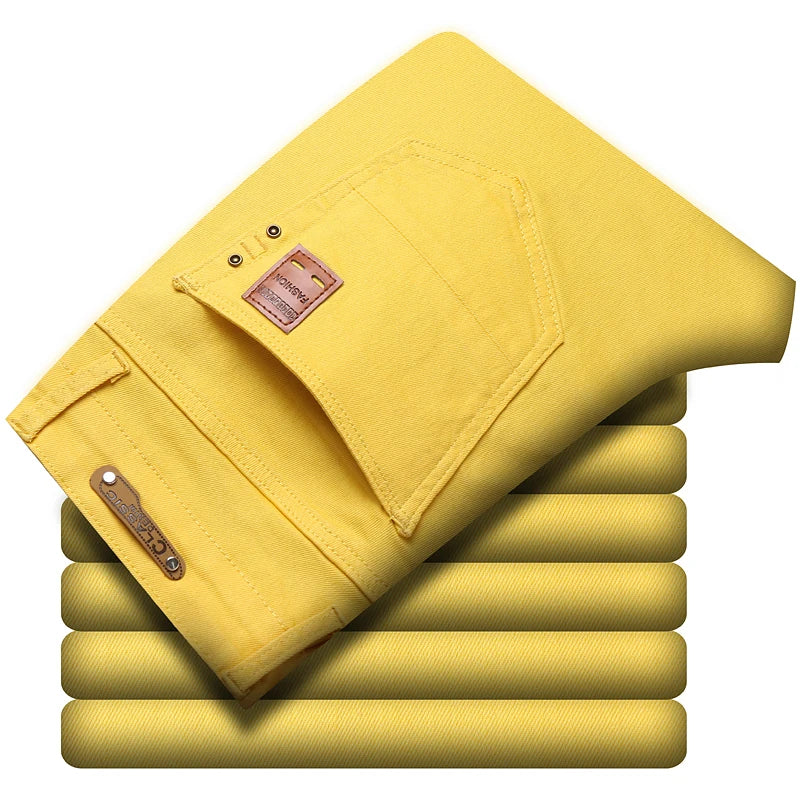 New Men's Denim Jeans Straight Stretch Pants Solid Color Fashion Business Casual Classic High Quality Red Yellow Blue White