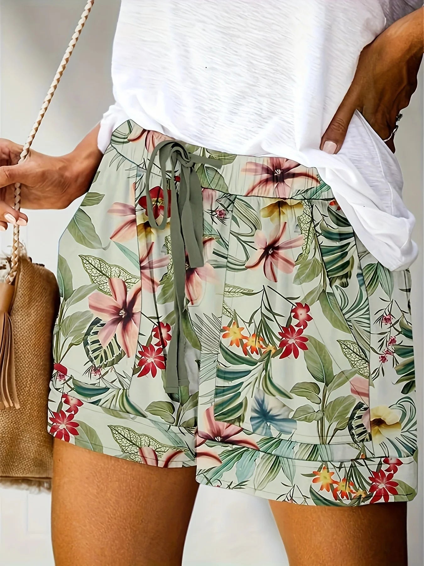 Plus Size High Stretch Loose Straight Leg Printed Women's Shorts   Women’s  Plus  Size Clothing