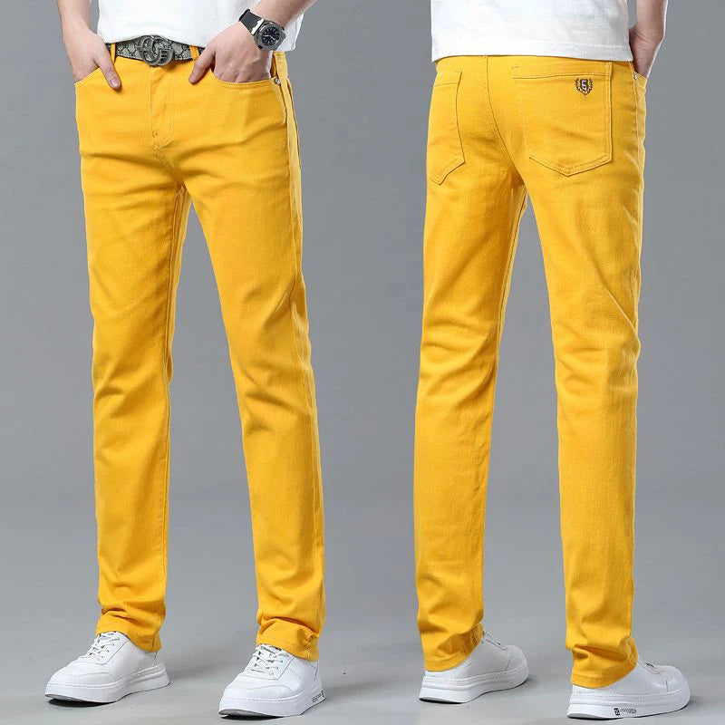 Men's Casual Stretch Skinny Jeans New Elastic Yellow Pink Red Coffee Slim Male Clothing Solid Color Simple Business Denim Trouse
