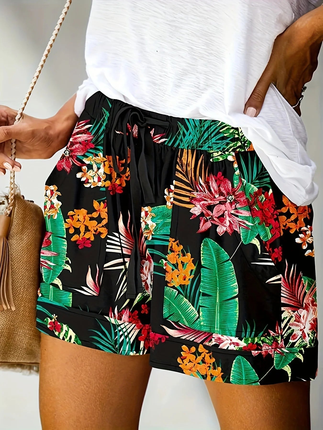 Plus Size High Stretch Loose Straight Leg Printed Women's Shorts   Women’s  Plus  Size Clothing