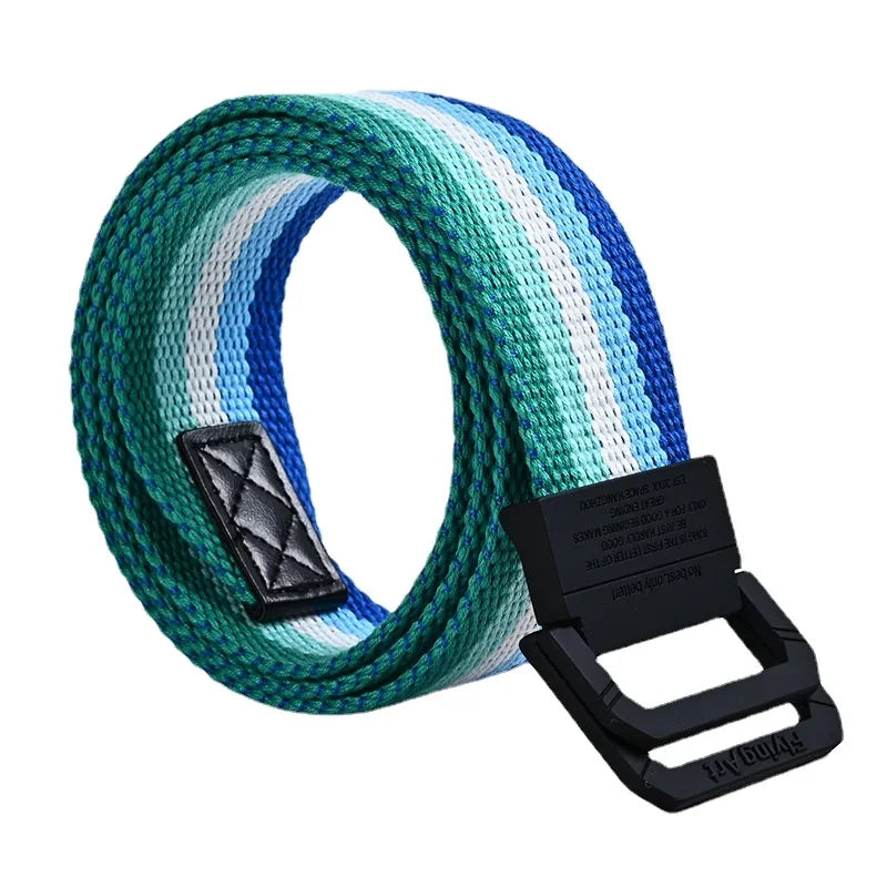Unisex Canvas Women Rainbow Stripe Belt  Metal Double Ring Buckle Jeans  Student - Designer Belt for Men