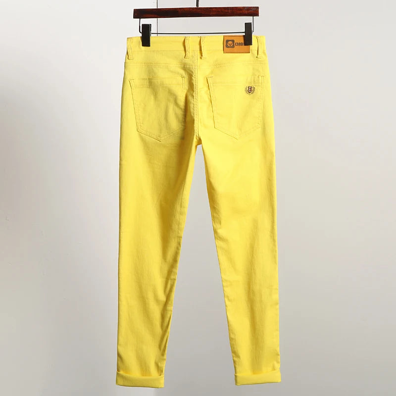 New Men's Denim Jeans Straight Stretch Pants Solid Color Fashion Business Casual Classic High Quality Red Yellow Blue White