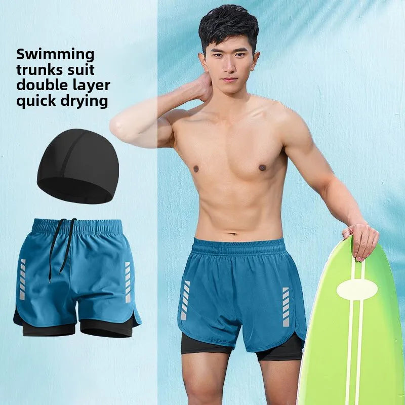 2025 New Anti Embarrassment Swimming  Gear Complete Adult Swimsuit Set Swim Cap Goggles 3 Pcs Set  Swimming Trunks for Men Short