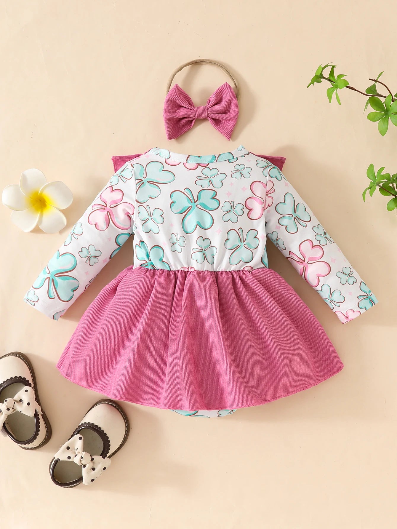 2PCS Infant Girl Dress Set Floral Print Long Sleeves Bodysuit +Headband Spring Baby Dresses for 0-18Months Romper Party Clothing